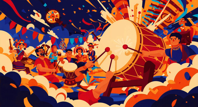 Vibrant group of people playing drums during a colorful cultural festival. Stylized illustration features confetti, bunting, and energetic characters. Music celebration concept for event posters.