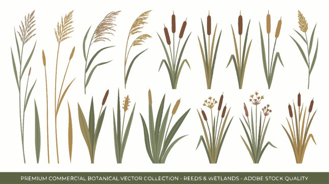 Vector illustration of various cattail plants.