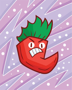 Funny and angry red chili cartoon character with dynamic background illustration 