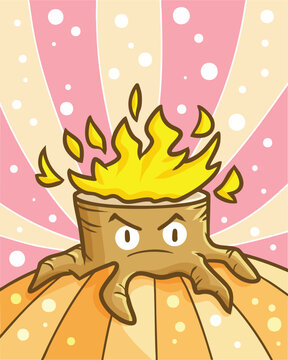 Funny wood character with fire on it's head cartoon illustration 
