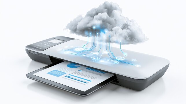 A modern printer connected to a cloud. Data streams from the cloud down to the printer, and a document is being printed. This represents cloud printing technology