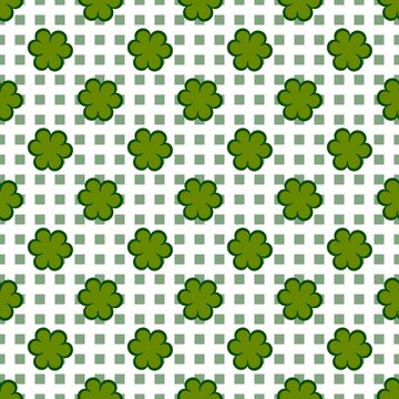 Green Clover Seamless Pattern with Geometric Grid Background