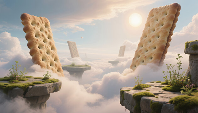 Surreal landscape with giant crackers floating in cloudy sky  