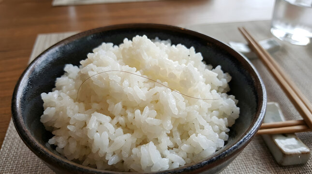 A single strand of hair is found resting on top of a freshly served bowl of steaming white rice.