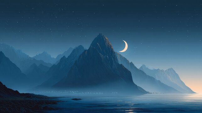 Majestic mountain landscape over calm ocean at night with crescent moon, starry night sky, serene coastal wilderness, blue moonlight reflection on water, dramatic natural scenery, peaceful outdoor bac
