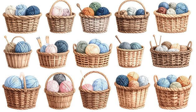 Assorted woven baskets with colorful lids on shelves.