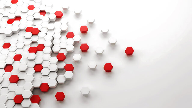 Abstract red and white hexagon pattern tiles arranged in a modern geometric structure design