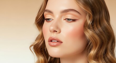 Fototapeta premium Beautiful Young Woman with Natural Makeup and Wavy Blonde Hair, Soft Light Portrait