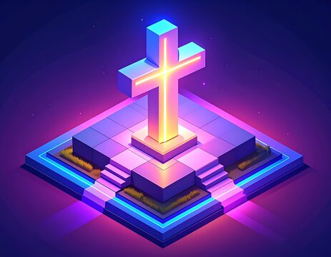 Abstract cross symbol on glowing geometric base.