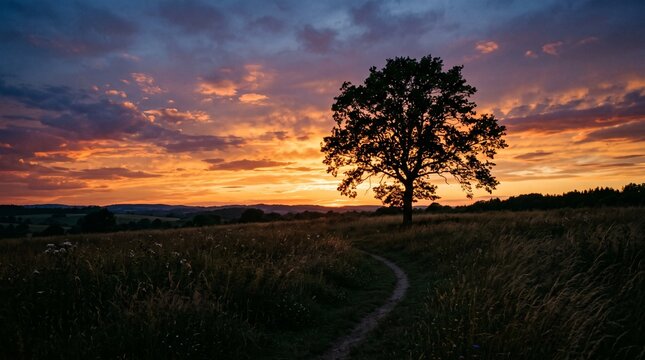 Silhouette of single tree in field at beautiful sunset. Concept of nature, freedom, and peaceful landscape, Represents travel and countryside scenery made by AI generative