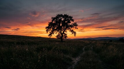Fototapeta premium Silhouette of single tree in field at beautiful sunset. Concept of nature, freedom, and peaceful landscape, Represents travel and countryside scenery made by AI generative