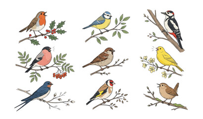 Minimalist Hand Drawn Birds on Branches Vector Collection © Prodip