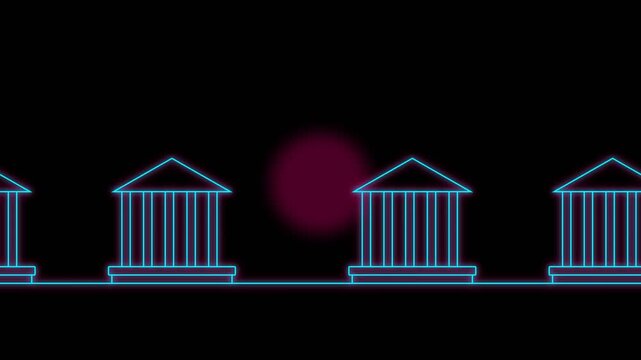 Glowing blue neon bank buildings move across a dark screen in this seamless digital loop animation for creative video projects