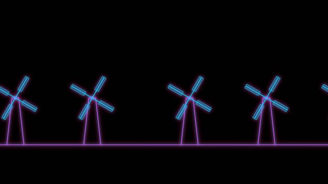 Neon blue and purple wind turbines spin rhythmically in this seamless digital motion video clip for modern energy technology concepts.