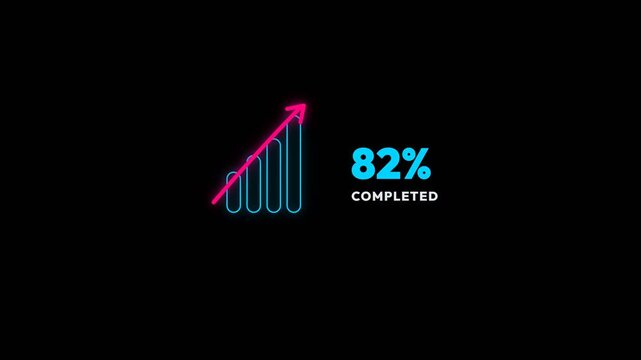 Growing bar chart animation showing progressive completion percentages with neon red arrow motion in a sleek digital video clip format