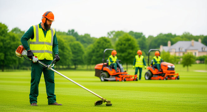 Groundskeeper using a brush cutter on a vast green lawn. Landscaping crew operating ride-on mowers at a luxury estate. Professional lawn maintenance and commercial landscaping service concept.