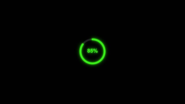 Glowing neon green circular progress bar animation showing eighty five percent status update for digital software interface motion video footage