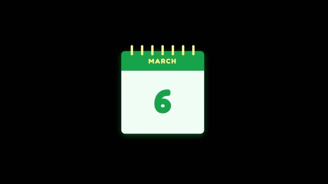 Calendar page showing changing dates in march for a dynamic digital motion video clip with smooth green aesthetic design elements