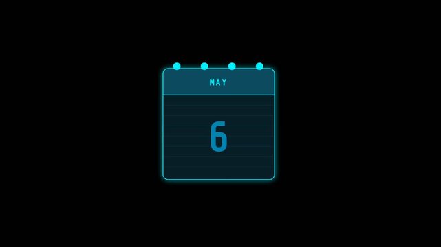 Digital calendar animation showing changing dates in May with glowing blue neon text elements in this sleek motion video clip