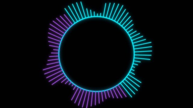 Circular audio wave visualizer pulsing with bright neon blue and purple light on a dark screen for video animation