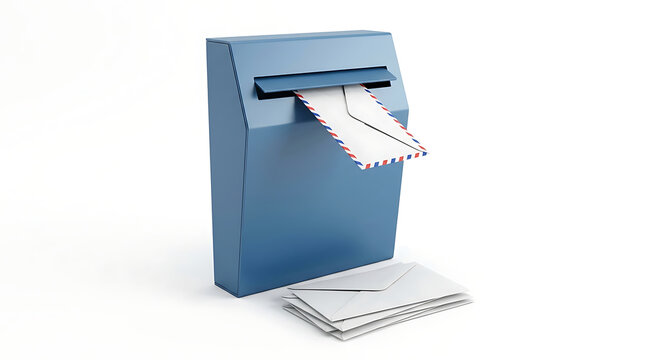 A blue wall mounted mailbox with an airmail envelope sticking out and a stack of letters below it