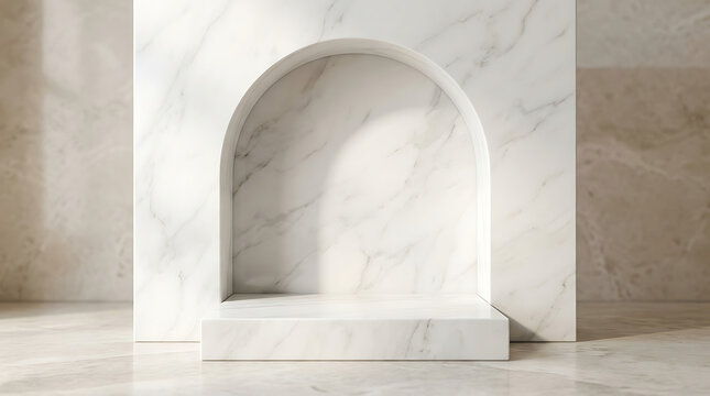 Empty white marble arch display podium for product presentation on a matching marble background