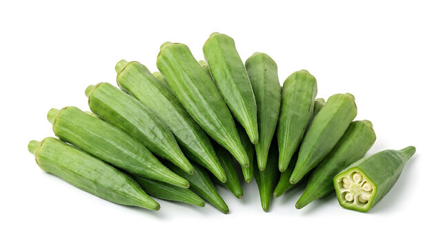 Fresh green okra vegetable pods arranged in a pile with one sliced cross section on white