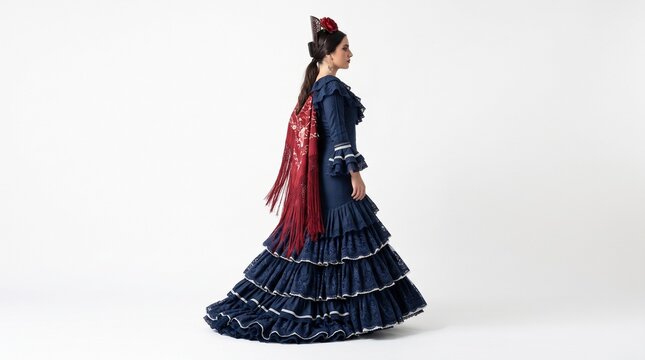 Elegant woman in a navy blue tiered flamenco dress with a red embroidered shawl, posing sideways for Spanish cultural heritage and tourism promotion.