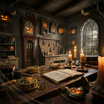 Spooky halloween clockmaker workshop with carved glowing pumpkins and antique tools transparent background