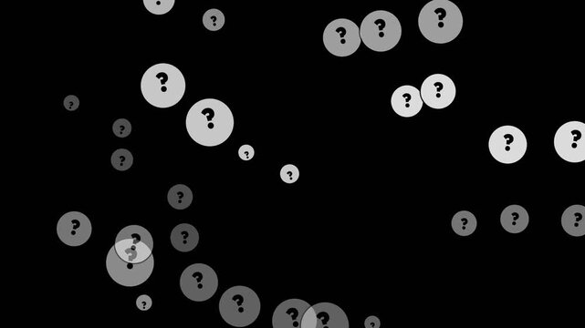 Floating question marks inside circular shapes drift across this dark digital motion animation scene with high contrast monochrome visual elements