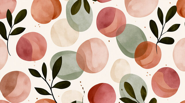 Minimalist Nordic watercolor pattern. Seamless abstract design with organic circles and green leaves.
