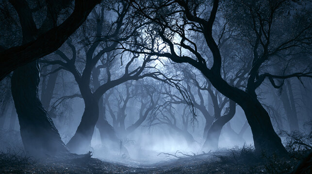 Spooky background of a dense forest at night. Thick fog and twisted dark trees in mysterious moonlight.
