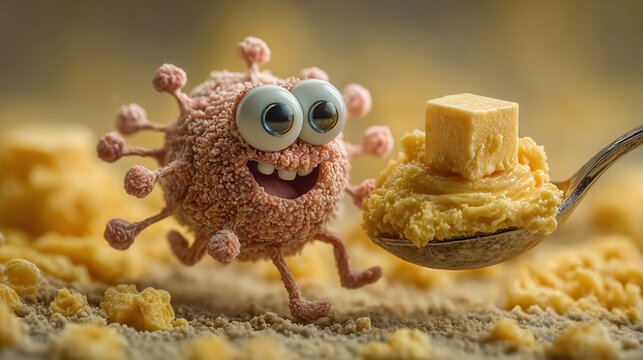 Cute cartoon virus character with big eyes holding a spoon with yellow creamy food and cheese cube on a dusty surface