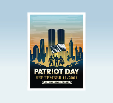 September 11 Patriot Day Tribute Illustration with Twin Towers and USA Flag