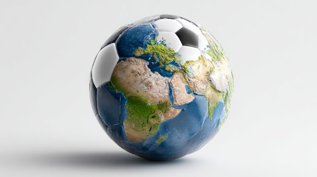 Soccer ball resting on world globe isolated on white background representing global football, international sports, world championship, worldwide competition, unity through sport, global connection, a