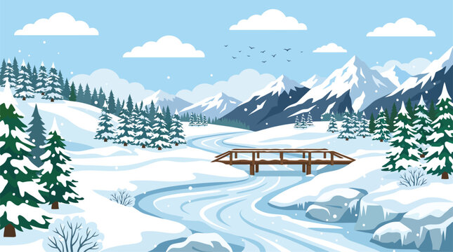 Flat vector illustration showing a serene winter landscape with snowy mountains flowing river and a small wooden bridge crossing water