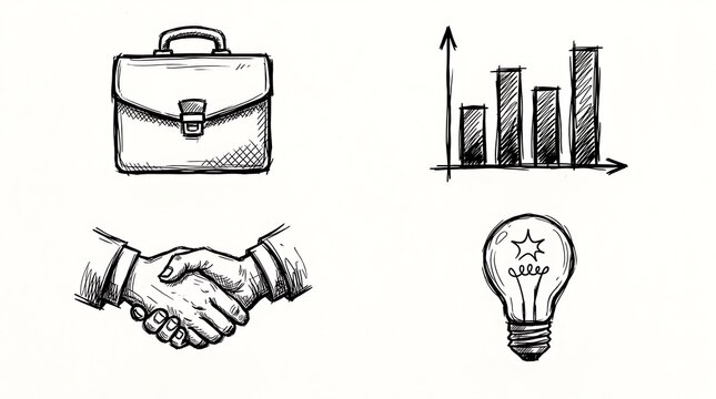 Business icons with briefcase handshake lightbulb graph