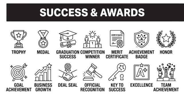 Success and awards icon set, black line business achievement symbols, 14 vector icons for competition winners and professional recognition