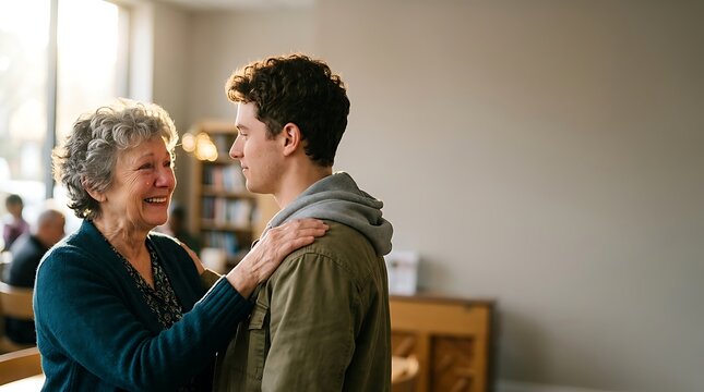 Happy grandmother looking at her grandson with love and pride