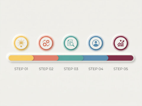 Modern five step business process timeline infographic with colorful progress bar, workflow icons, project roadmap and strategic planning presentation template, copy space