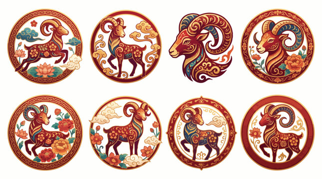 Ornate vector illustration set featuring decorative ram zodiac symbols with traditional chinese floral patterns and vibrant red golden artistic elements