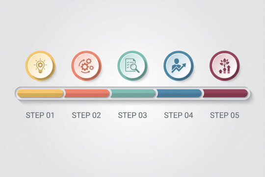 Modern five step business process timeline infographic with colorful workflow stages, progress bar, strategy icons and project management presentation template, copy space