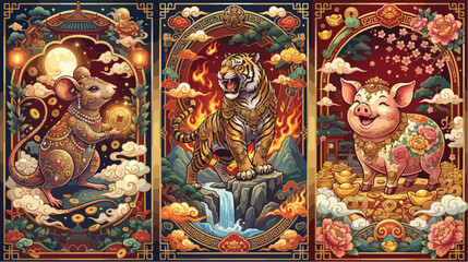 Fototapeta premium Detailed vector graphic illustration showcasing three distinct chinese zodiac animals including a rat a tiger and a happy pig figure