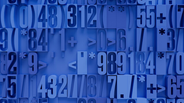 Dense Array of Three-Dimensional Blue Numbers and Symbols on Light Blue Background, High-Detail Digital Art for Technology and Abstract Design Projects