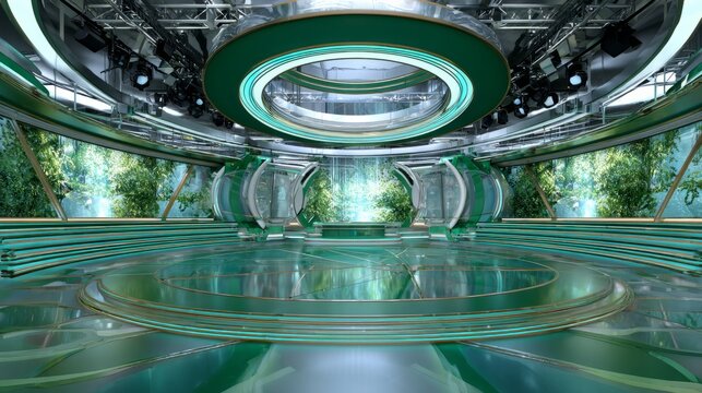 Virtual green screen broadcast studio set with modern news stage, digital production background and futuristic 3d illustration