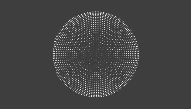 Circular halftone dot matrix pattern forming a three dimensional sphere shape against a plain dark gray background.