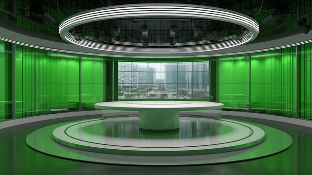 White display table in modern green news studio with empty product showcase podium, professional broadcast stage background, futuristic television set interior with copy space for branding and present