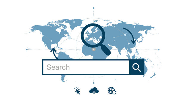 World search engine optimization illustration with a blue global map, a search bar, and a large magnifying glass.