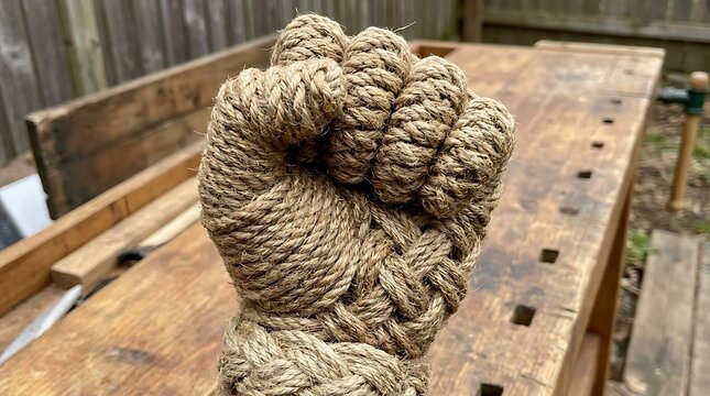 Ropework fist sits atop a weathered wooden workbench in an outdoor setting.