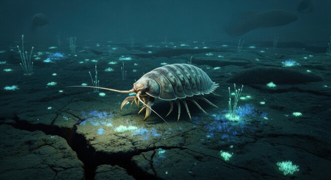Giant Isopod Exploring Bioluminescent Seabed